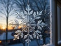 Enchanting Snowflake Clings Adorn the Windowpane.AI Generated