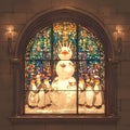 Enchanting Snowman Stained Glass Window, Flanked by Penguins