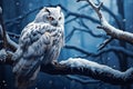 Enchanting snowscape Snowy owl sits on branch in winter forest Royalty Free Stock Photo