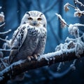 Enchanting snowscape Snowy owl sits on branch in winter forest Royalty Free Stock Photo