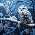 Enchanting snowscape Snowy owl sits on branch in winter forest Royalty Free Stock Photo