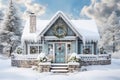 Enchanting snowy holiday cottage with festive christmas decorations and cozy ambiance