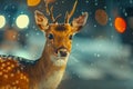 Enchanting Spotted Deer Amidst Gentle Snowflakes and Twinkling Lights A Magical Winter Wildlife Portrait