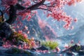 Enchanting Spring Scene with Blossoming Cherry Tree and Gentle River in a Mystical Landscape Royalty Free Stock Photo