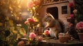 Enchanting Squirrel Delighting in Acorn Feast amidst Serene Cottage Garden