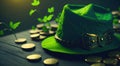 St. Patrick\'s Day Concept, Leprechaun Hat, clover leaves and Gold Coins - Generative AI