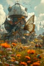 Enchanting Steampunk Cityscape with Butterfly Amidst Blooming Flowers and Futuristic Architecture