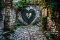 An enchanting street paved with cobblestones, featuring a unique heart-shaped door, A cobblestone path leading to a heart-shaped Royalty Free Stock Photo