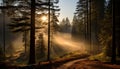 Enchanting sunbeams casting ethereal light rays in a mesmerizing misty forest scenery