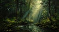 Enchanting Sunbeams: A Haunting Journey Through a Furry Forest o Royalty Free Stock Photo