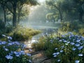Enchanting Sunrise in Idyllic Flower Meadow with Misty Forest Background, Tranquil Nature Scene