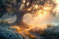 Enchanting Sunrise Through the Misty Forest Path with Majestic Tree Generative AI