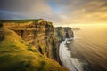 Enchanting Sunrise over Grass-Covered High Cliffs Coastline