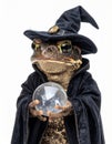 Enchanting Toad Wizard Holding a Crystal Ball Wearing a Black Hat and Cloak on a White Background Royalty Free Stock Photo