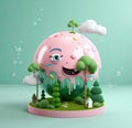 Enchanting Toy-like Globe Atop Pink Cloud Among Towering Trees AI Generated