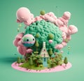 Enchanting Toy-like Globe Atop Pink Cloud Among Towering Trees AI Generated