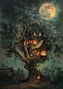 Enchanting Tree House: A Halloween Night in a Quaint Village - A