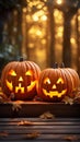 Enchanting Trio: Glowing Jack-o-Lanterns on Autumn Porch