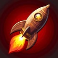 An ornate image of a brown rocket with embossed details. The background is a fiery red color,