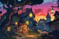 Enchanting twilight scene in a cartoon village with cozy houses and a warm sunset glow, invoking a sense of magical