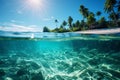 Enchanting underwater and overwater view of sea life and sandy beach on a sunny summer day