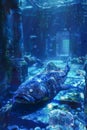 Enchanting Underwater Scene with Glowing Blue Whale Shark Amidst Sunken Ruins