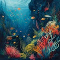 An underwater scene with mythical sea creatures and vibrant coral reefs.