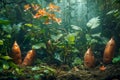 Enchanting Underwater Scene with Orange Flowers and Mysterious Root like Structures in a Mystical Forest