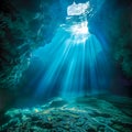 Enchanting underwater sunrays in a cavern