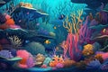 An enchanting underwater world filled with colorful marine life, vibrant coral reefs and playful fish