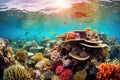 Enchanting Underwater World: mesmerizing panorama of a vibrant coral reef teeming with tropical fish, swaying sea plants