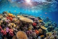 Enchanting Underwater World: mesmerizing panorama of a vibrant coral reef teeming with tropical fish, swaying sea plants