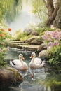 Enchanting Utopia: A Romantic Encounter Amongst Swans, Ducks, an Royalty Free Stock Photo