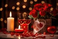 Enchanting Valentine\'s Day settings adorned with flowers, candles, and ornaments for card designs