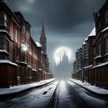 Enchanting Victorian City street covered with snow under moonlight.