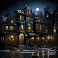 Enchanting Victorian cityscape with haunting houses illuminated at night