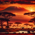 African landscape view during sunset with golden sky acacia trees wild animals and Kilimanjaro