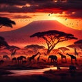 African landscape view during sunset with golden sky acacia trees wild animals and Kilimanjaro