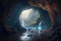 Enchanting View from Cave of Blue-Glowing Waterfalls and Streams among Rocks