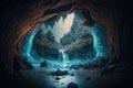 Enchanting View from Cave of Blue-Glowing Waterfalls and Streams among Rocks