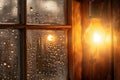 Enchanting view lamp glows, reflecting in rain splattered window, creating a mesmerizing scene