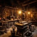 Enchanting Vintage Blacksmith Workshop: Craftsmanship Tools, Metalwork Projects, and Warm Dusk Lighting