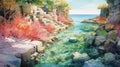 Enchanting Watercolor Anime Illustration Of Rocky Shore