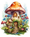 Enchanting Watercolor Fantasy Mushroom House with Insects AI Generated