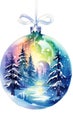 Enchanting Watercolor Frozen World: Christmas Ornaments Come to Life Beneath the Northern Lights AI Generated