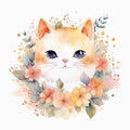 Enchanting Watercolor Illustration: Adorable Cat Surrounded by Blooms Floral Generative AI