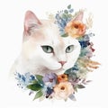 Enchanting Watercolor Illustration: Adorable Cat Surrounded by Delicate Blooms and Floral , Generative AI