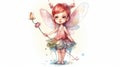 Enchanting Watercolor Illustration of a Cute Cartoon Fairy with Magic Wand and Wings for Invitations and Scrapbooking.