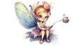 Enchanting Watercolor Illustration of a Cute Cartoon Fairy with Magic Wand and Wings for Invitations and Scrapbooking.