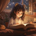 Drawing of a small reading girl, sitting in her room